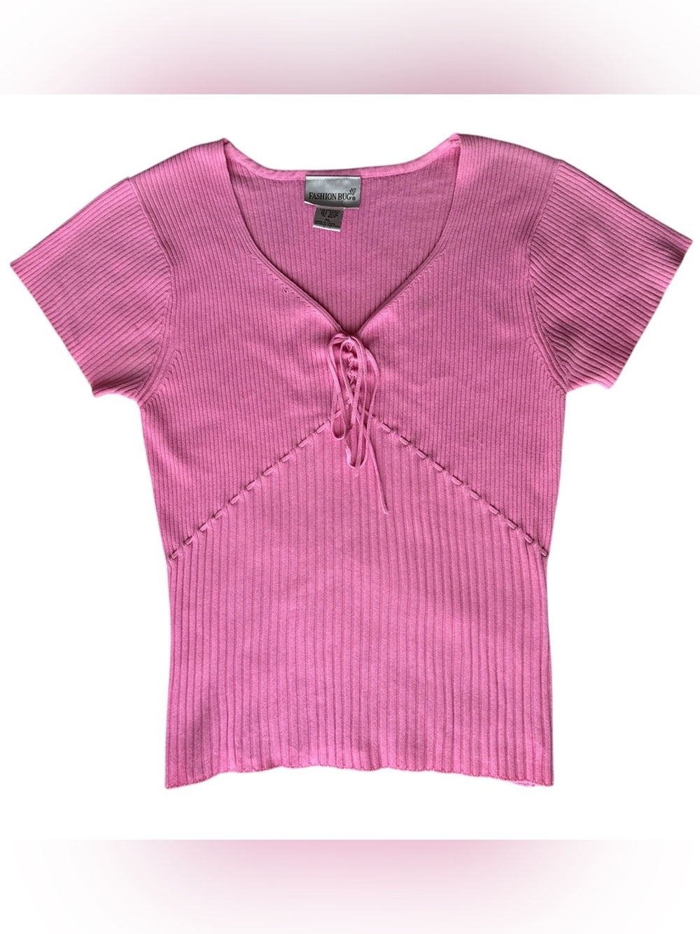 Vintage Y2K Fashion Bug Pink Ribbed Lace-Up Short Sleeve Top